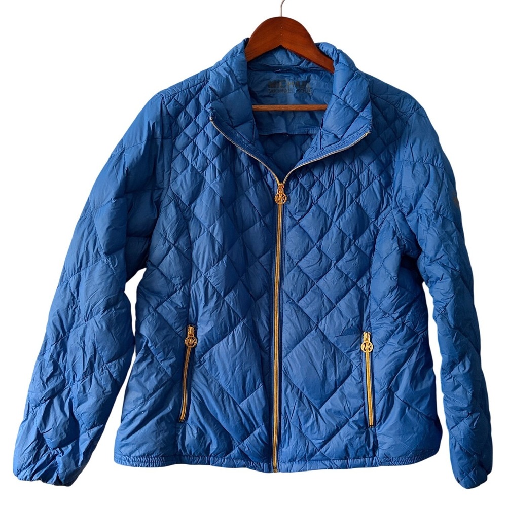 Michael Kors Womens Royal Blue Packable Down Quilted Puffer Jacket Gold Hardware